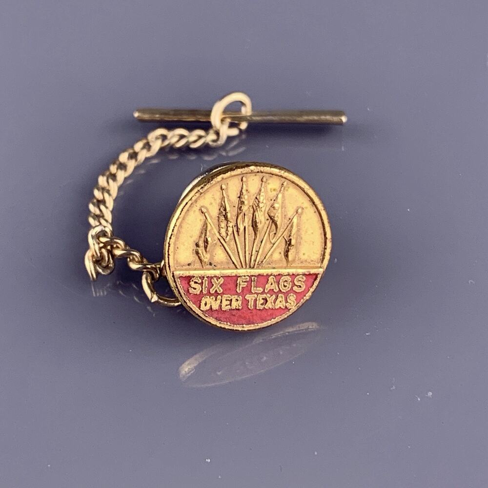 Six Flags Over Texas Tie Tack Lapel Pin Gold Tone Red Enamel Round Vintage